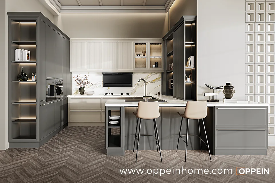 American-Inspired Kitchen with Bespoke G-Shaped Grey Cabinets - Viloa