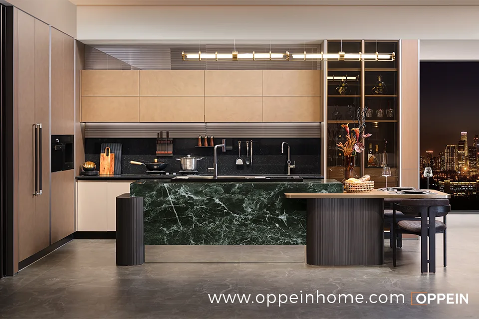 Modern Luxury Earth Tone Kitchen Cabinets With Green Island - Golden Years