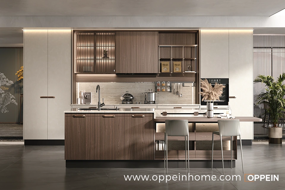 Dark Walnut and White Kitchen Cabinets with Island - Yun Qi