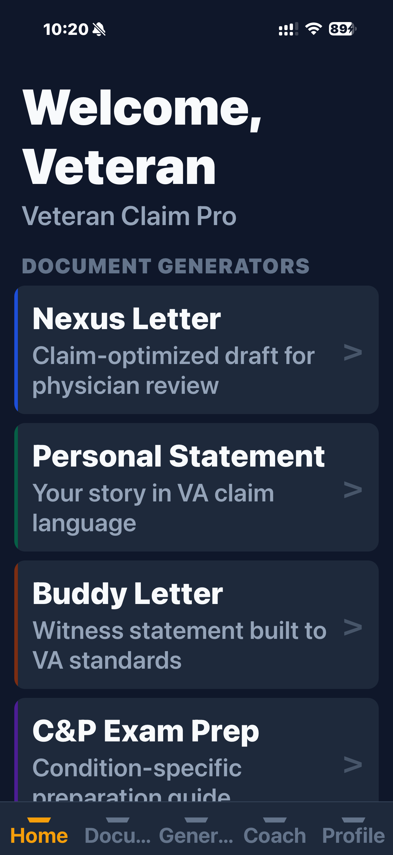 VeteranClaimPro Home Screen