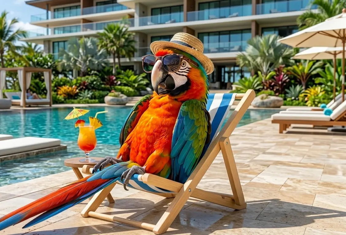 Guacamayo azul y amarillo en el Hotel de Aves