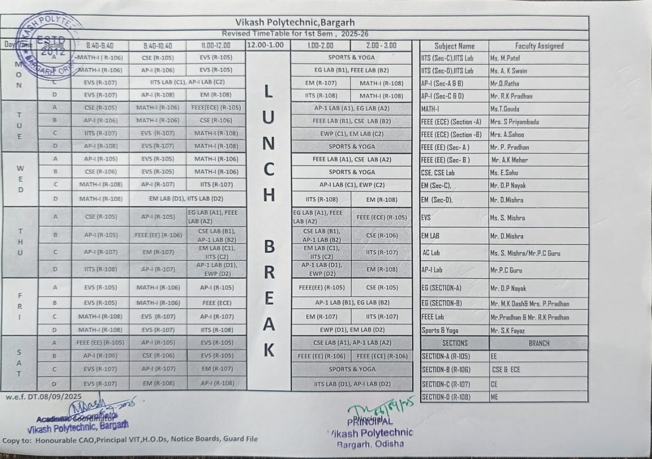 Timetable for 1 Semester