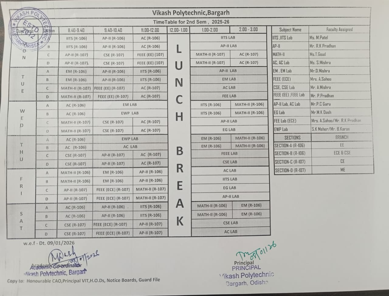 Timetable for 2 Semester
