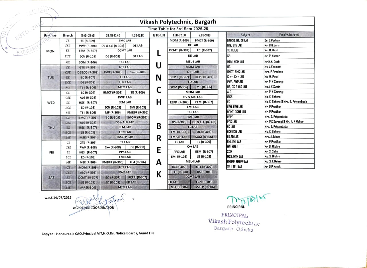 Timetable for 3 Semester