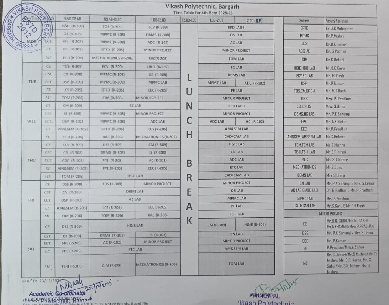 Timetable for 4 Semester