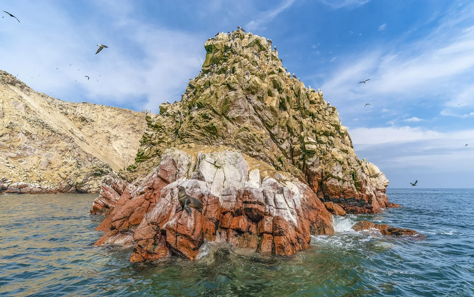A guano-covered rock island at the Ballestas Islands with seabirds flying overhead