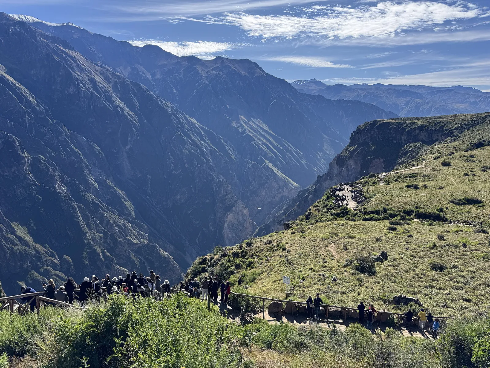 Visitors along the railings of the Cruz del Cóndor viewpoint above the Colca Canyon