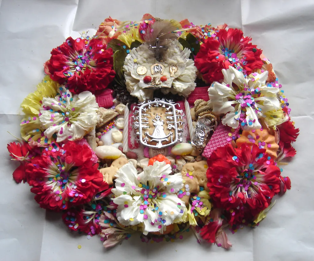 Un despacho terminado con flores, dulces, lentejuelas y pequeñas figuras, listo para ser envuelto y ofrendado