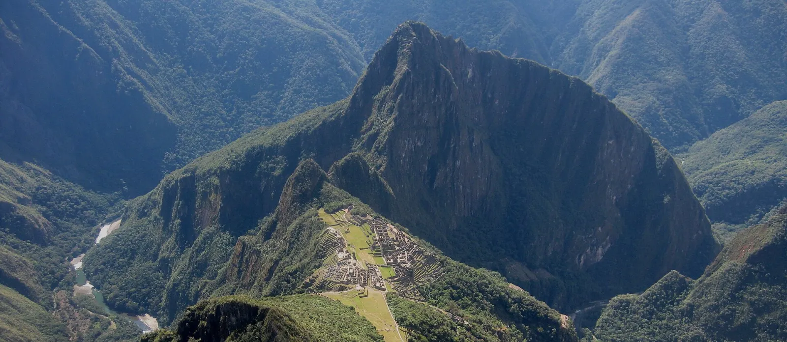 Machu Picchu seen from the summit of Machu Picchu Mountain, far below