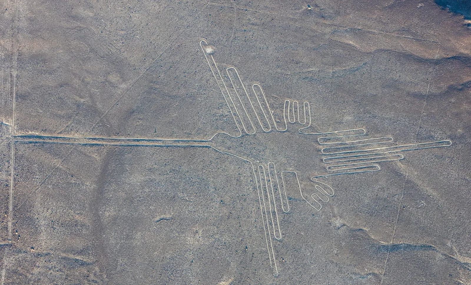 Aerial view of the hummingbird geoglyph on the Nazca desert floor