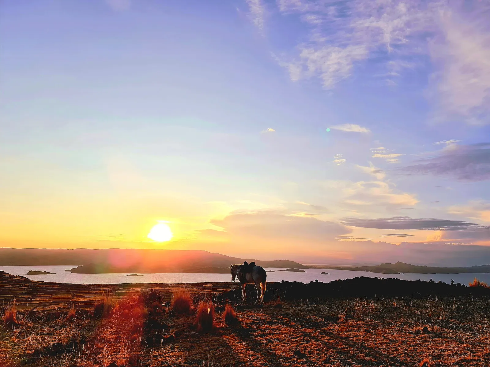 Atardecer desde el cerro Pachatata en la isla Amantaní, con el lago Titicaca y un caballo pastando en la cumbre