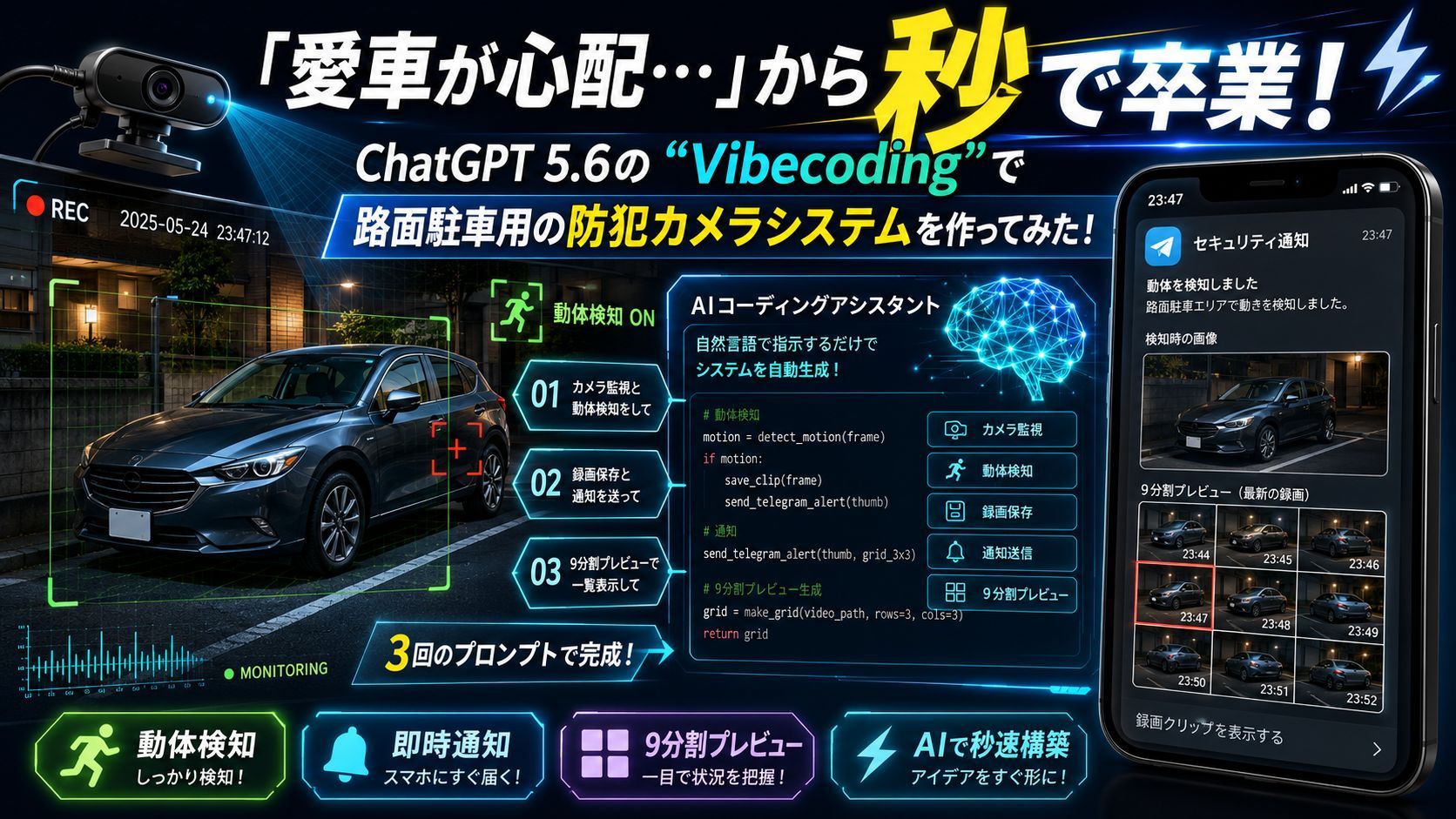ChatGPT 5.6でVibecoding！USBカメラとTelegramを連携させた屋外駐車場用の防犯カメラDIY事例
