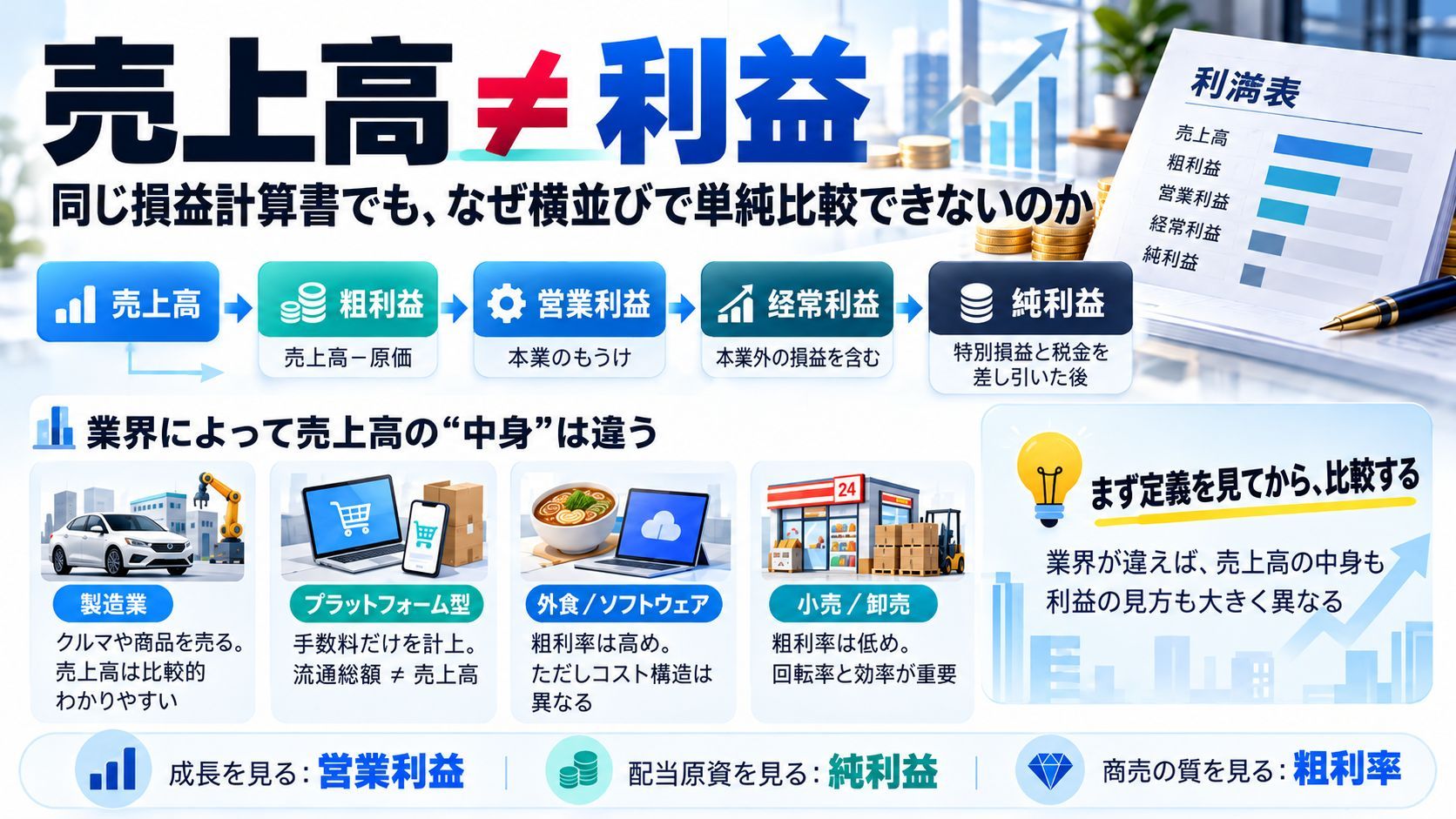 売上高と利益を読み解く：同じ損益計算書でも、単純に横並び比較できない理由
