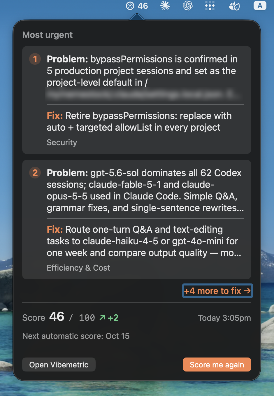Vibemetric in the Mac menu bar, its popover open: the two most urgent problems with their fixes, and the score