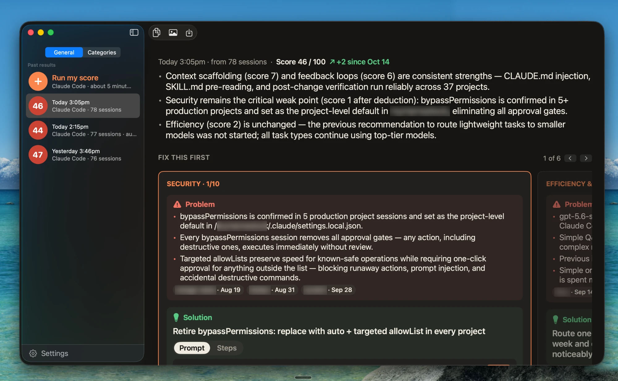 Vibemetric main window: past results in the sidebar, a plain-language summary, then Fix this first with the Problem and the Solution, ready to paste