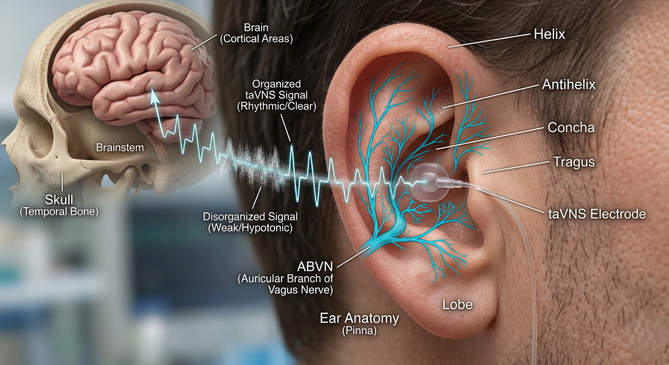 Anatomía auricular y vía de la señal taVNS desde el electrodo en la oreja hasta las áreas corticales del cerebro, mostrando la rama auricular del nervio vago (ABVN)