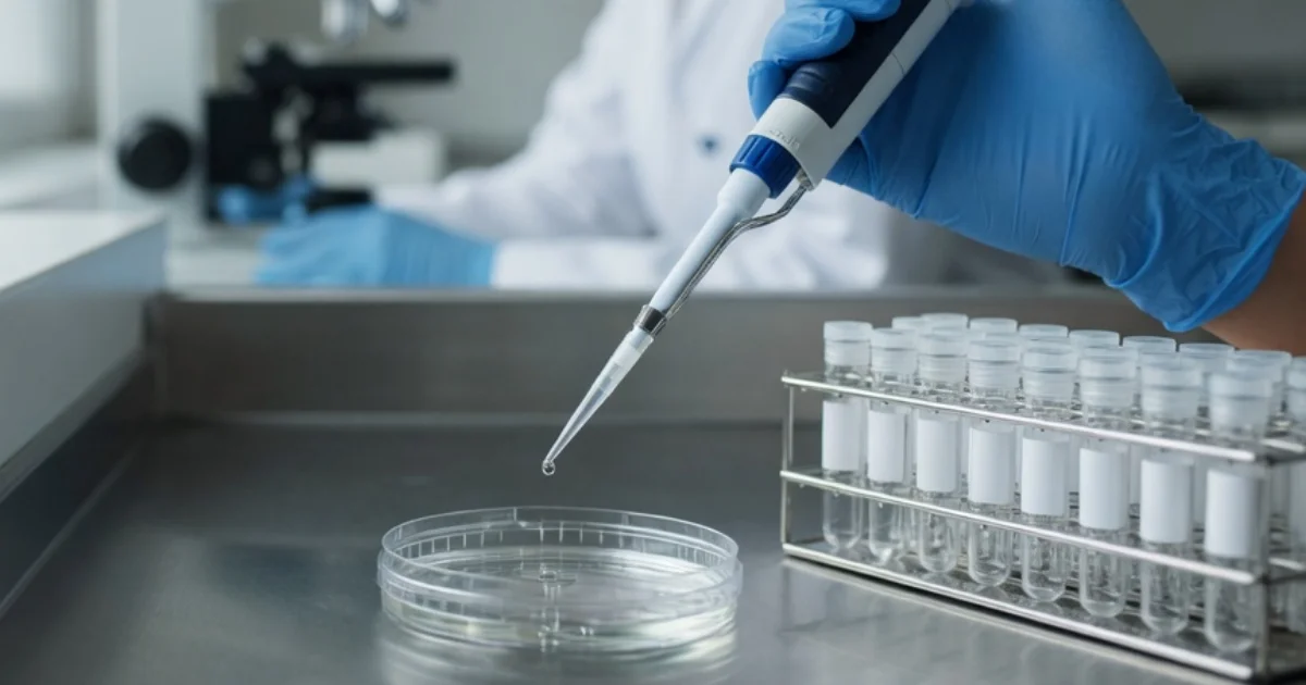 Investigadora en un laboratorio deposita una muestra con una micropipeta junto a un microscopio y una gradilla de viales.