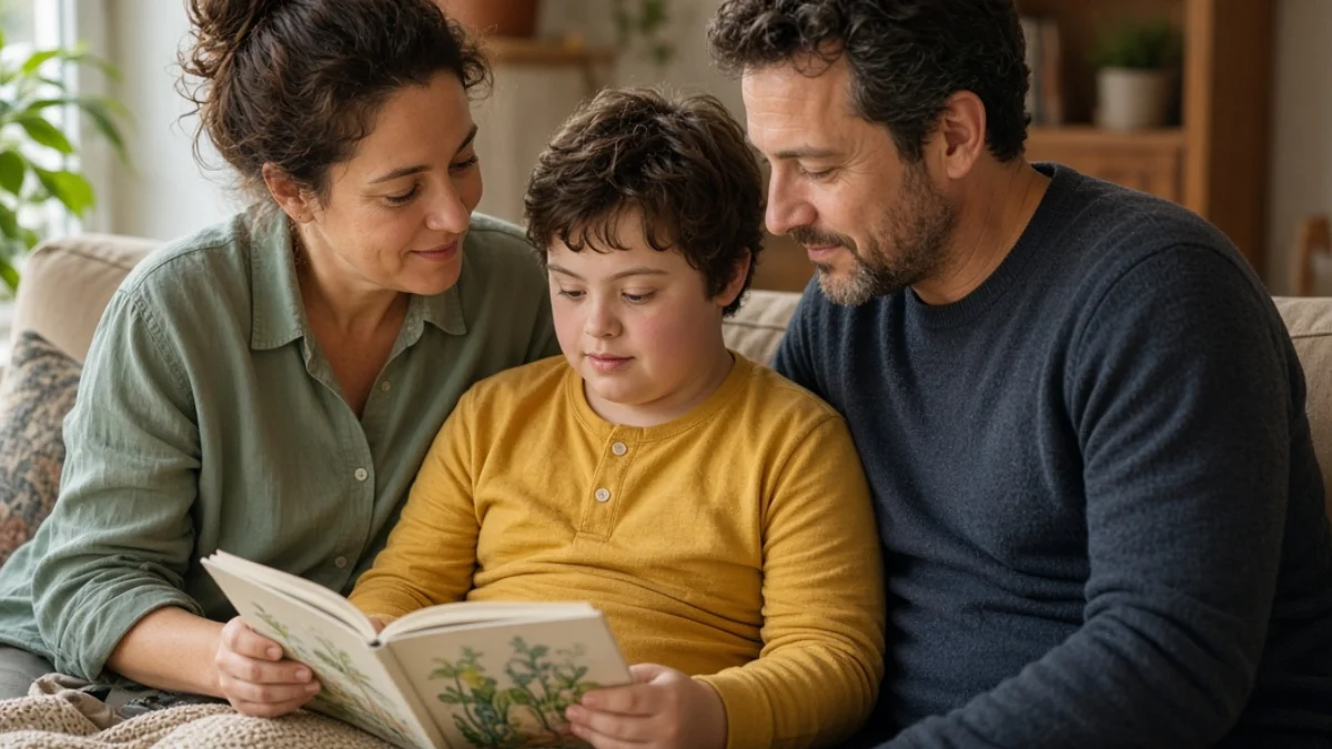 Un niño con camiseta amarilla comparte la lectura de un libro ilustrado con dos adultos, sentados juntos en el sofá de casa.