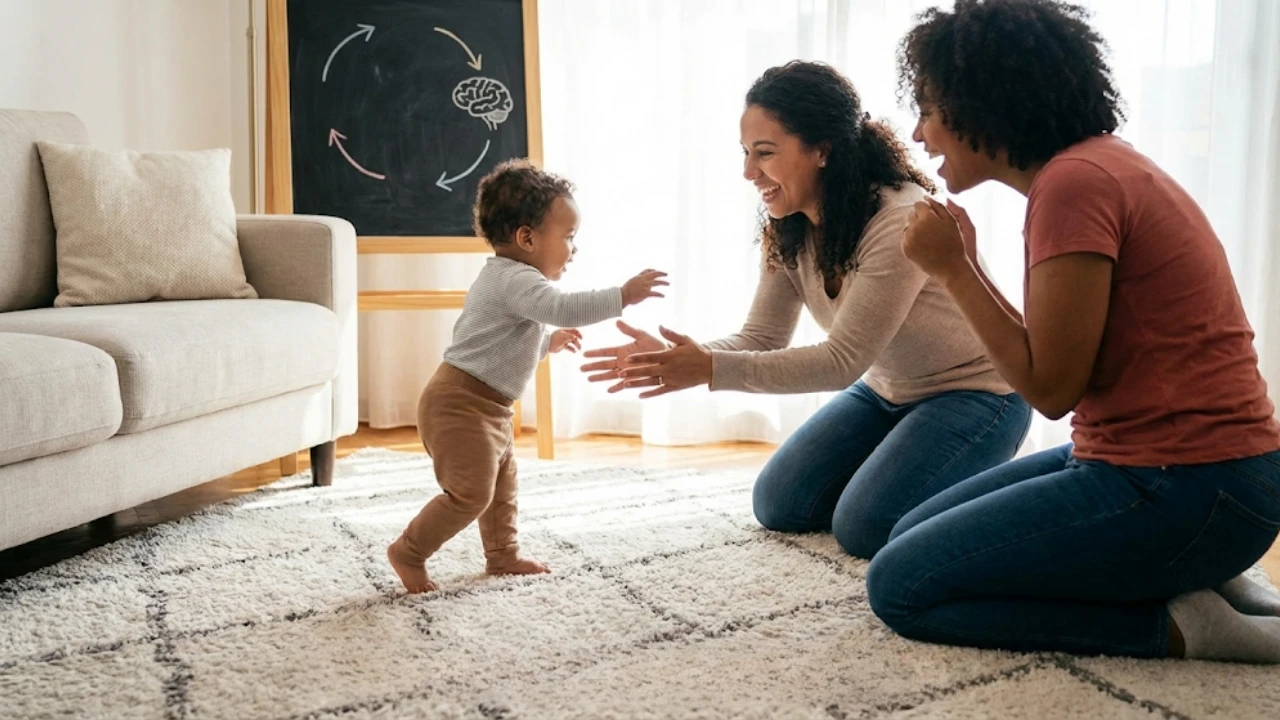 Bebé dando sus primeros pasos hacia su familia en el salón de casa