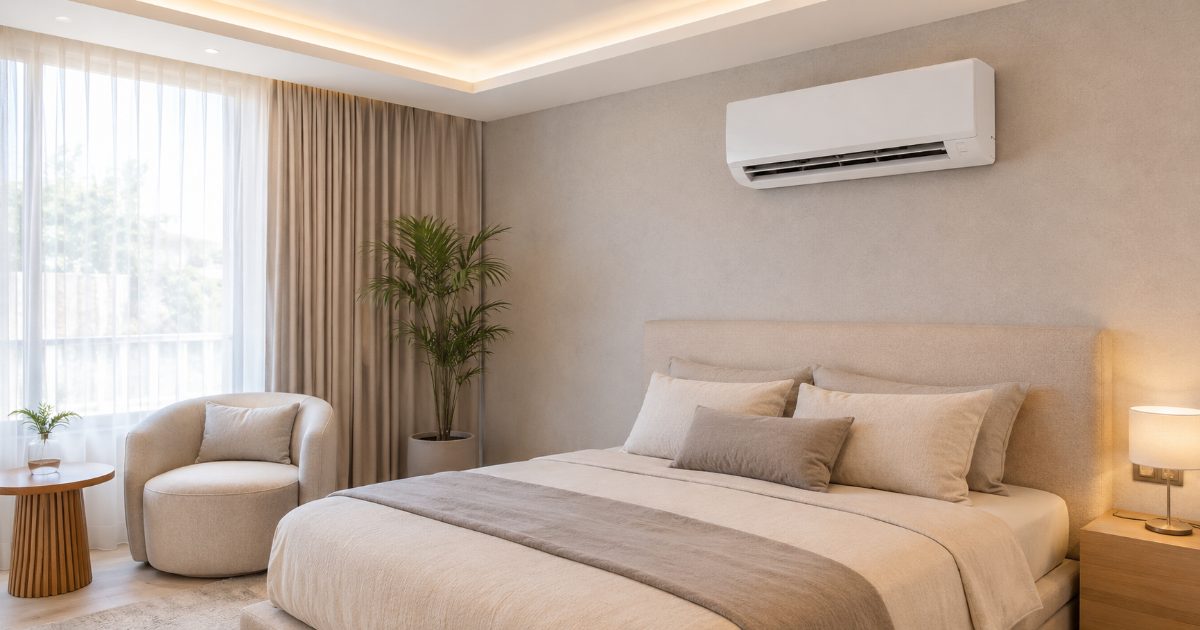Habitación moderna con aire acondicionado instalado en pared