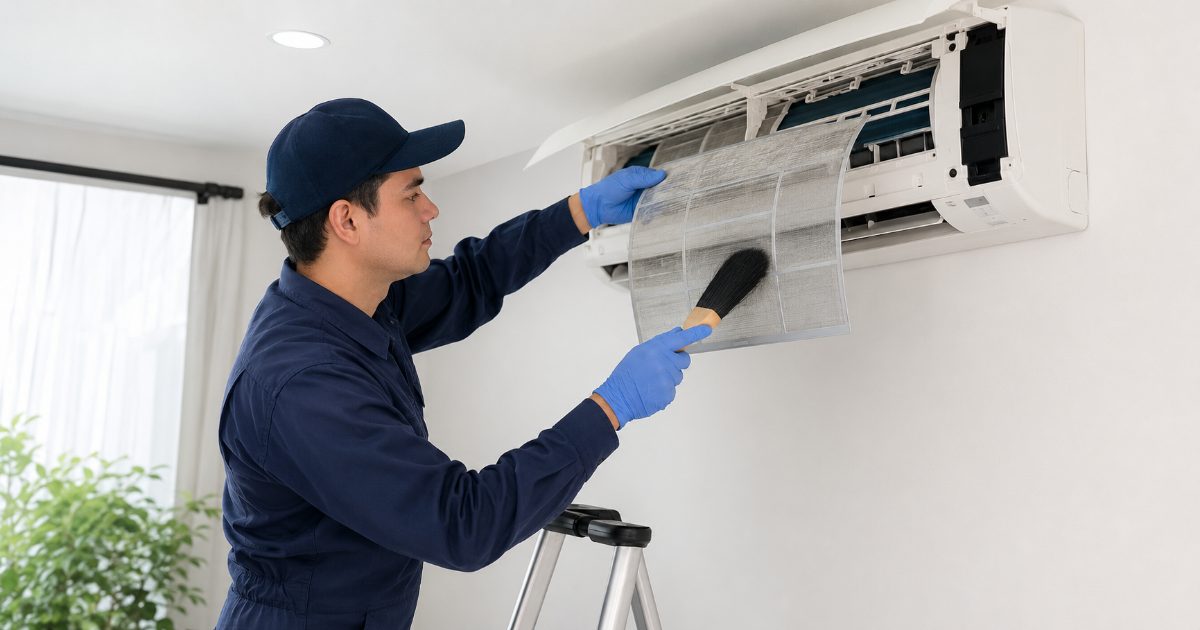Técnico limpiando filtros de aire acondicionado split