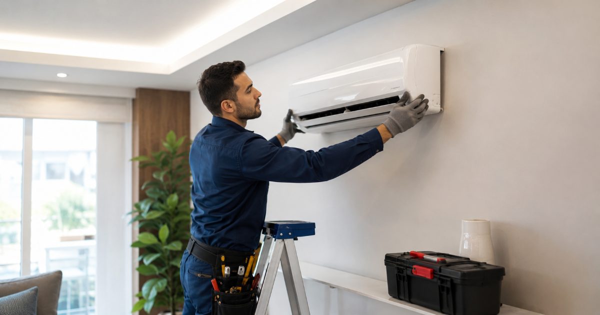 Técnico instalando unidad interior de aire acondicionado split