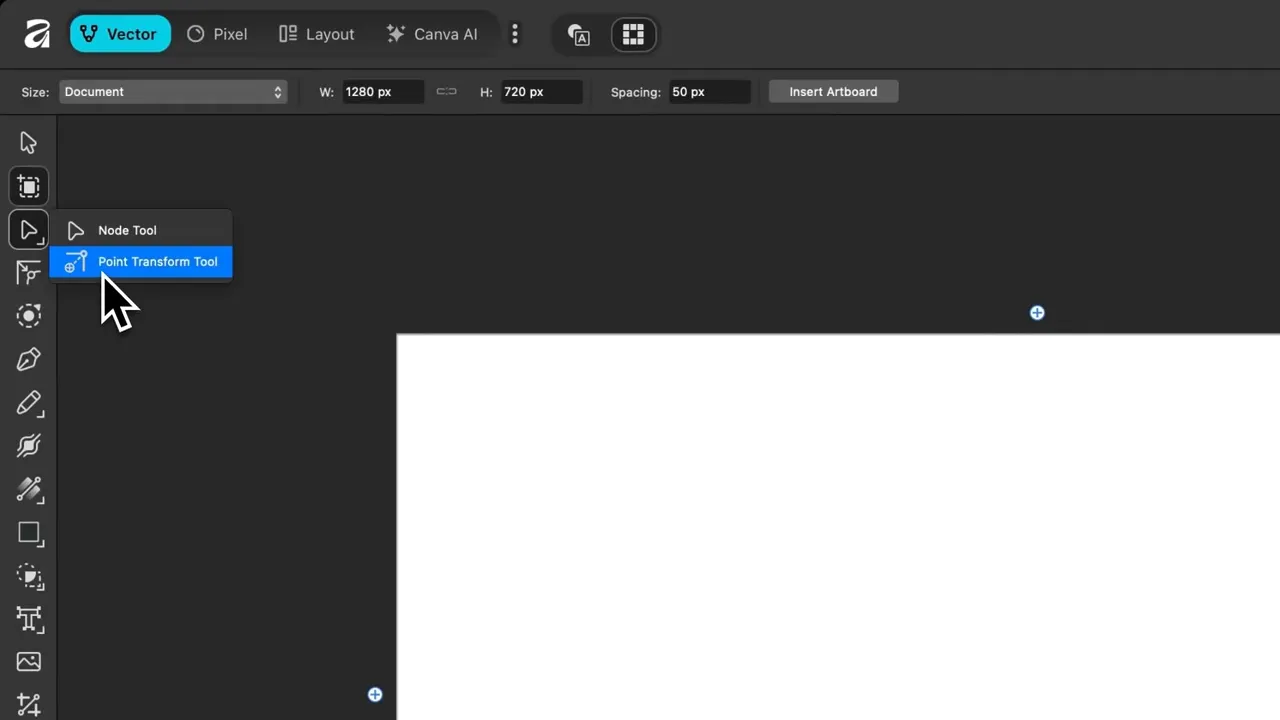 Meniul Customize Tools afișat peste artboard în Affinity V3