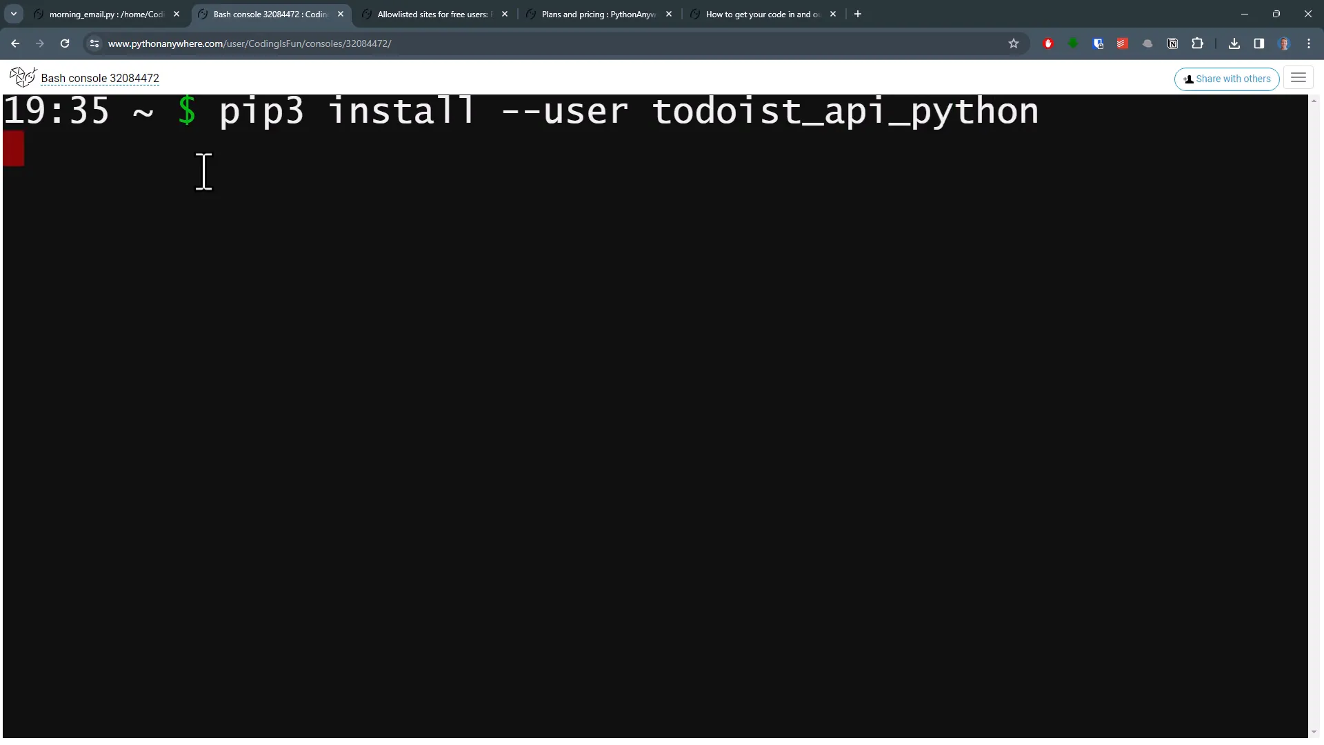 Installing package in PythonAnywhere console