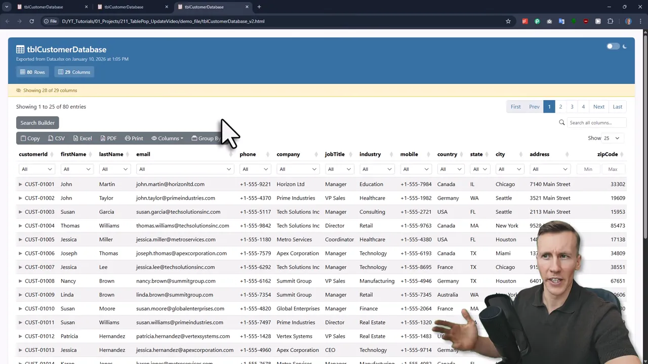 Interactive HTML table showing column headers, filters and pagination controls in TablePop