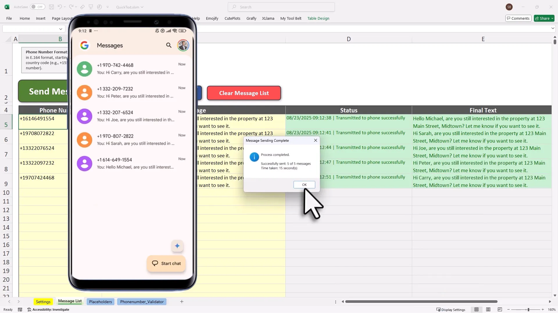 QuickText interface in Excel showing message and number columns