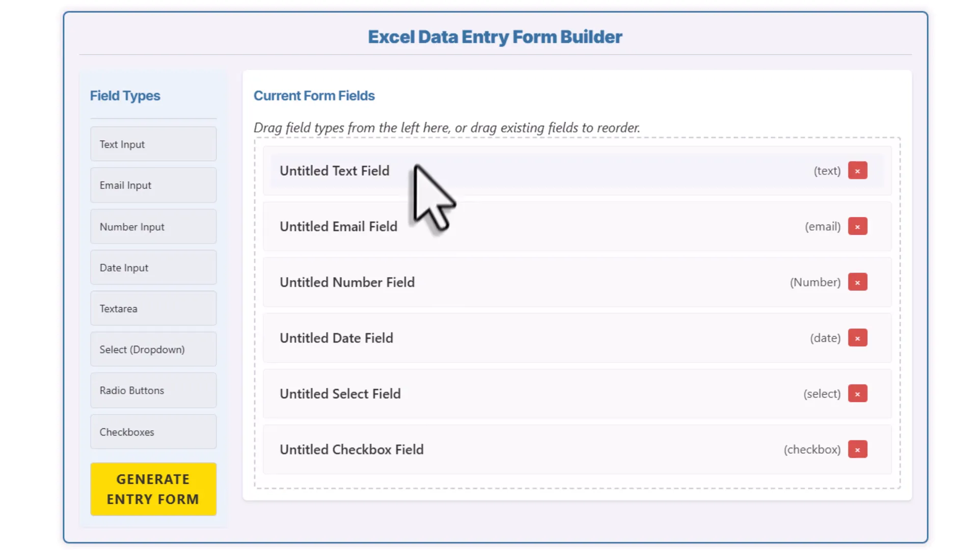 Dragging fields like text, email, number, date picker, drop down and checkbox into form builder