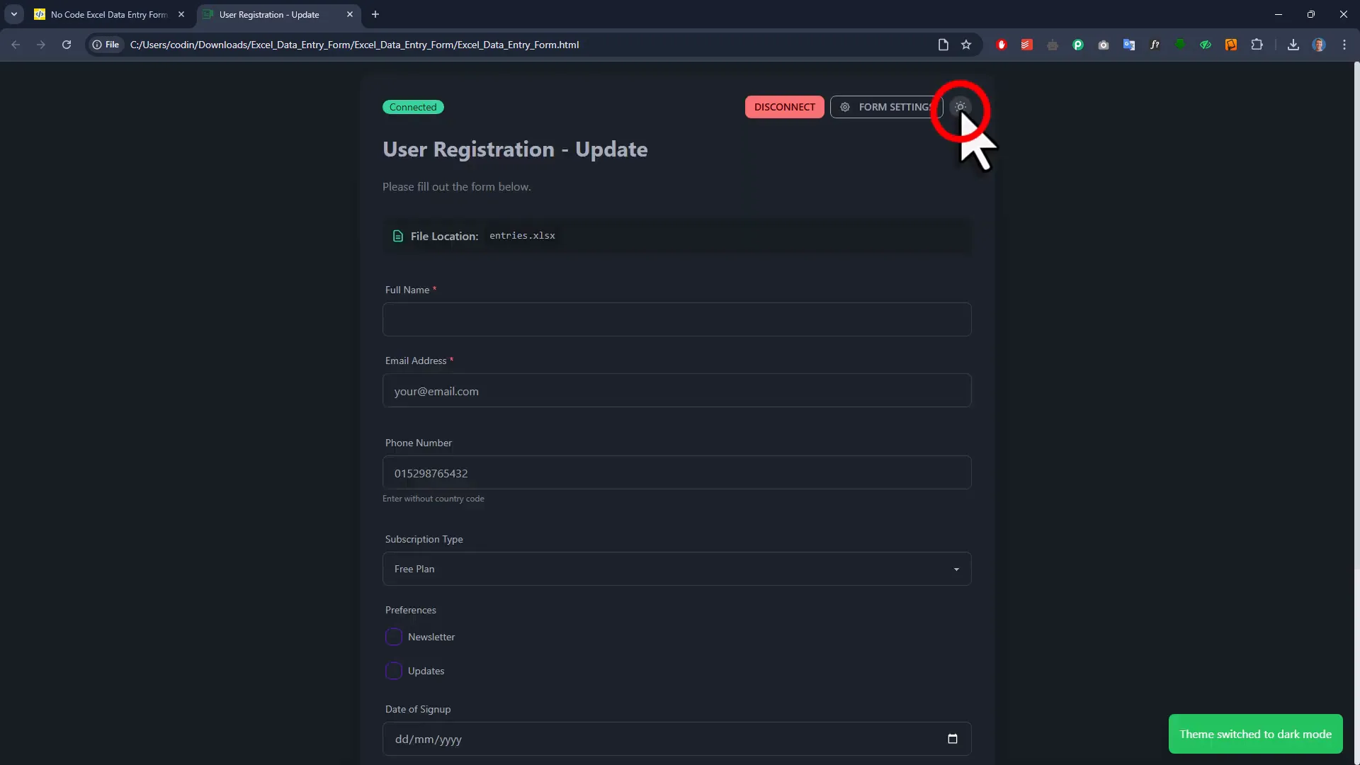 Switching between light and dark mode in the form