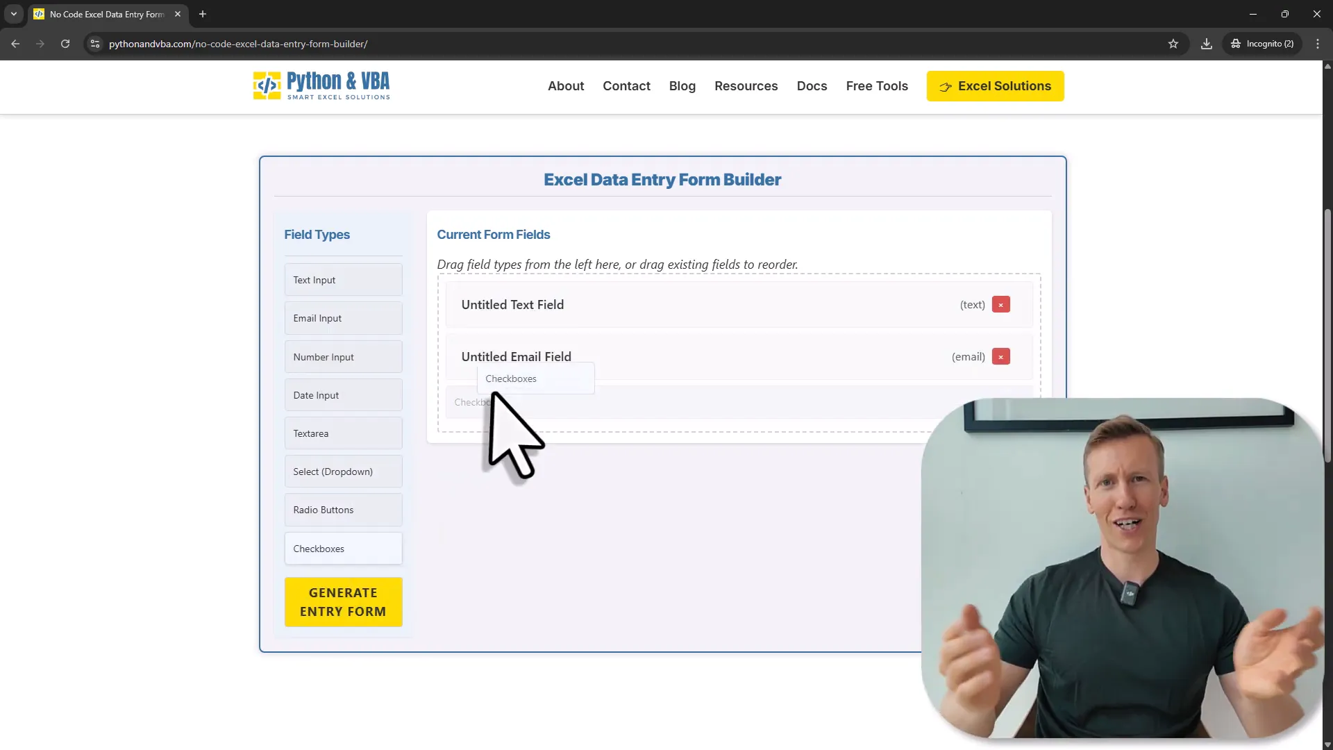 Drag and drop form builder interface showing field types on left and form area on right