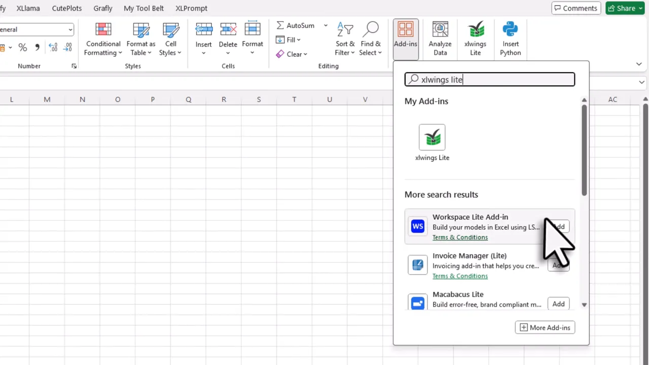 Add-ins dialog in Excel with xlwings Lite ready to add
