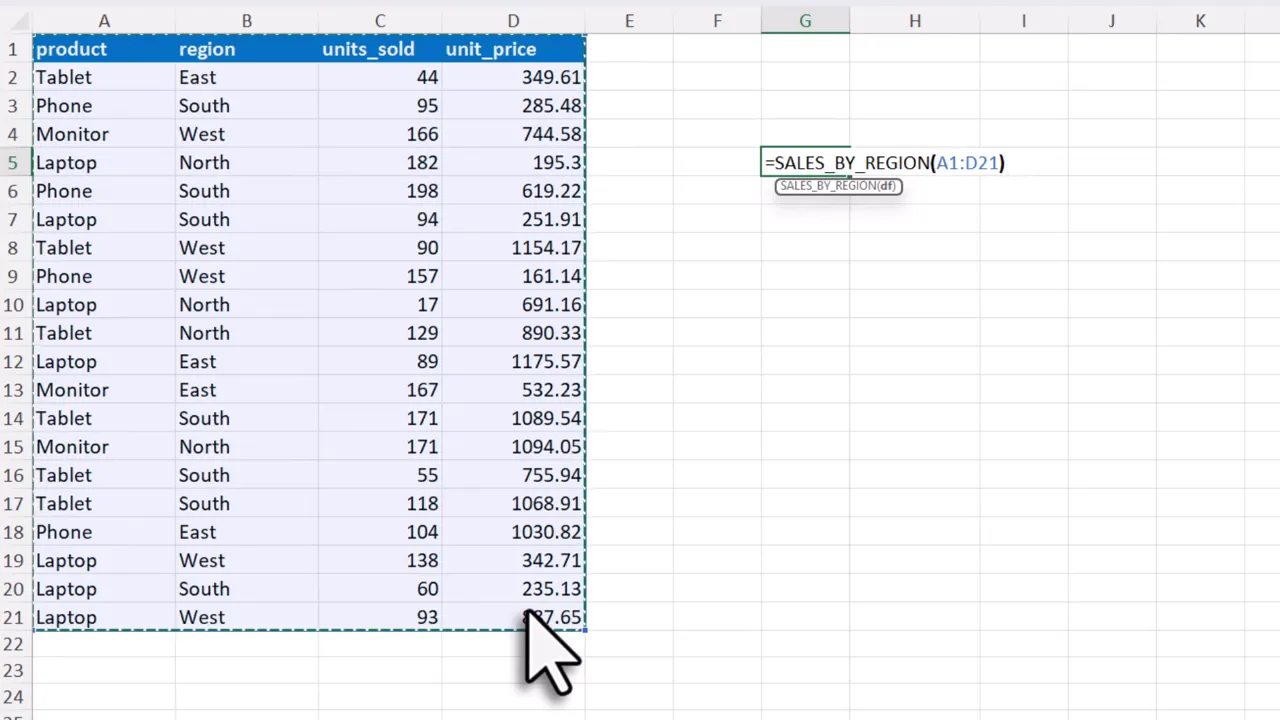 Sales table with products, regions, units and unit price being selected for a Sales by Region formula