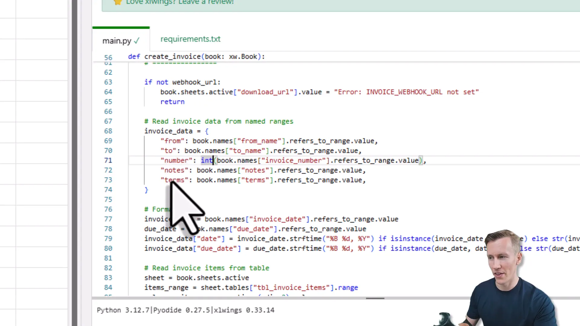 Python code in xlwings Lite showing data extraction and webhook call for invoice creation