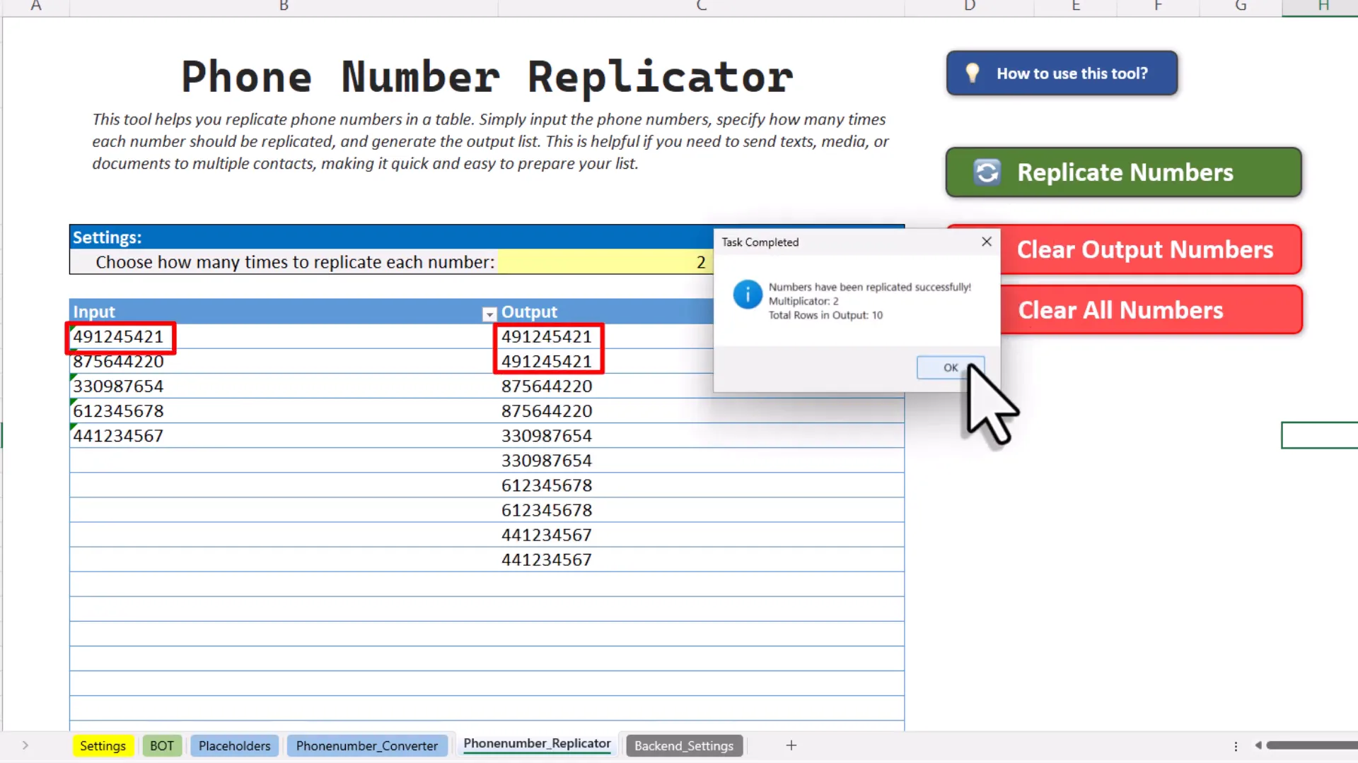 Using the phone number replicator