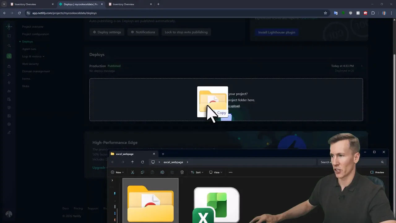 Netlify project dashboard showing the manual deploy area with text 'Drag and drop your project folder here to deploy new changes.'