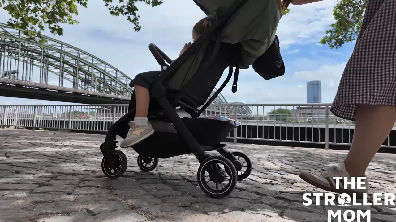 Mockingbird Travel Stroller on cobblestone in Europe