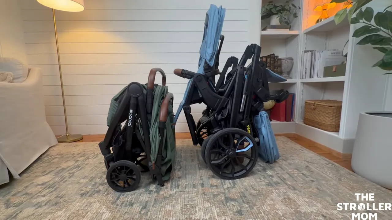 A side by side and tandem stroller folded next to each other