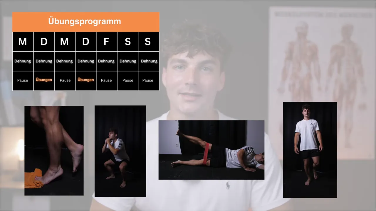 Trainer mit Overlay „Übungsprogramm“: M D M D F S S mit Dehnung, Übungen und Pausen