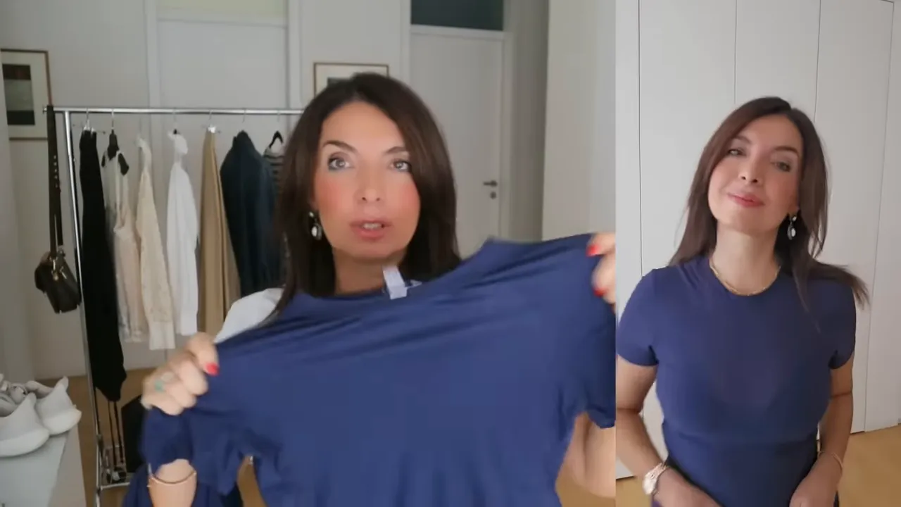 navy athletic t-shirt held up close to camera with woman wearing matching sporty outfit in side panel