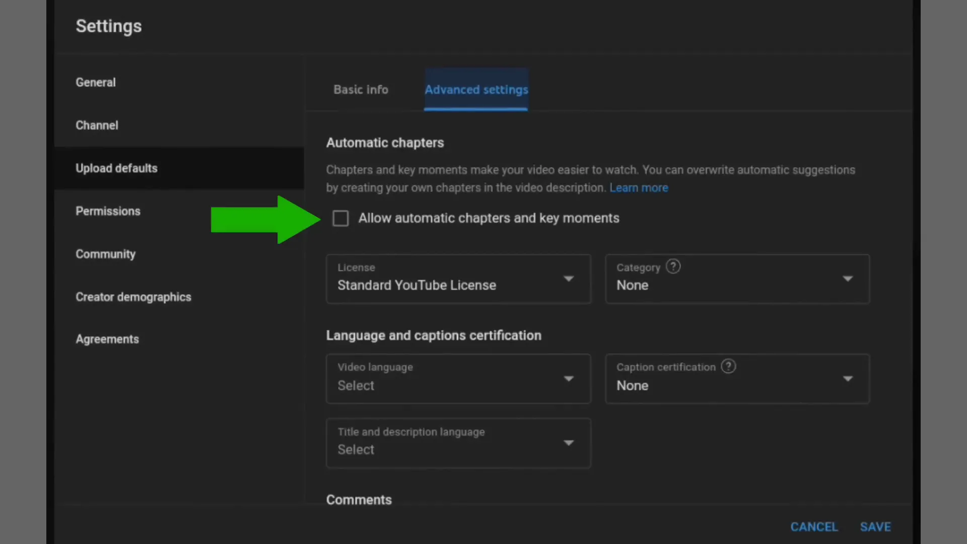 Enabling automatic chapters in YouTube settings