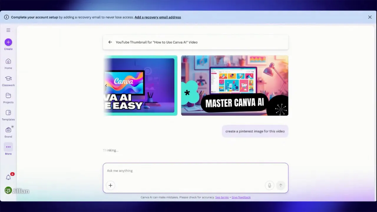 Canva AI interface showing four generated vertical Pinterest-style pin layouts in progress