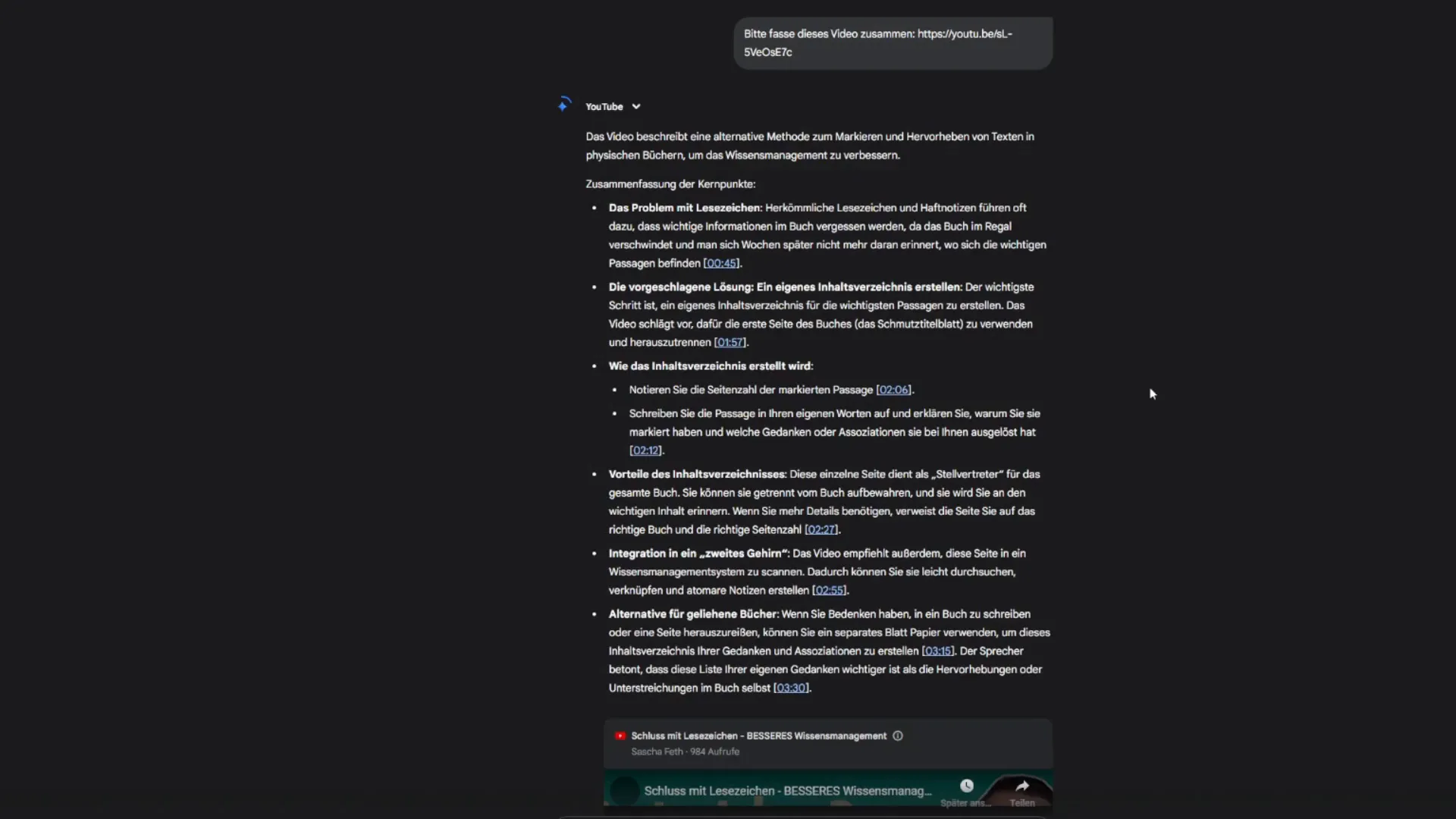 KI-Assistent (z. B. Gemini) fasst ein YouTube-Video zusammen