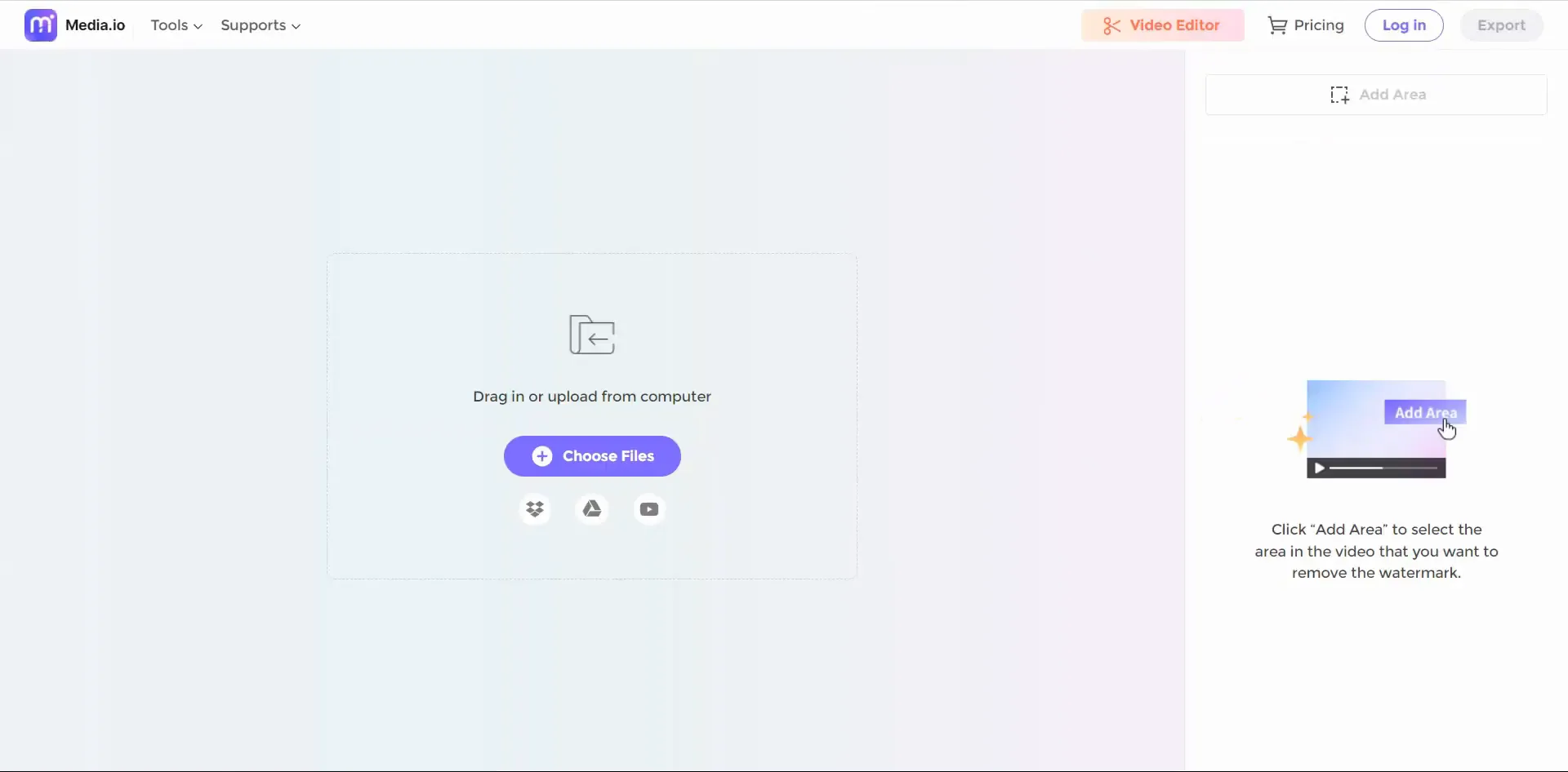 Media.io dashboard showing the upload option