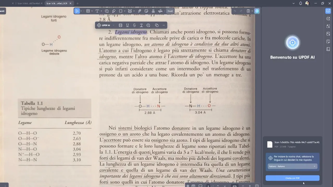 Pagina del libro che mostra diagrammi e una tabella con le lunghezze tipiche dei legami a idrogeno