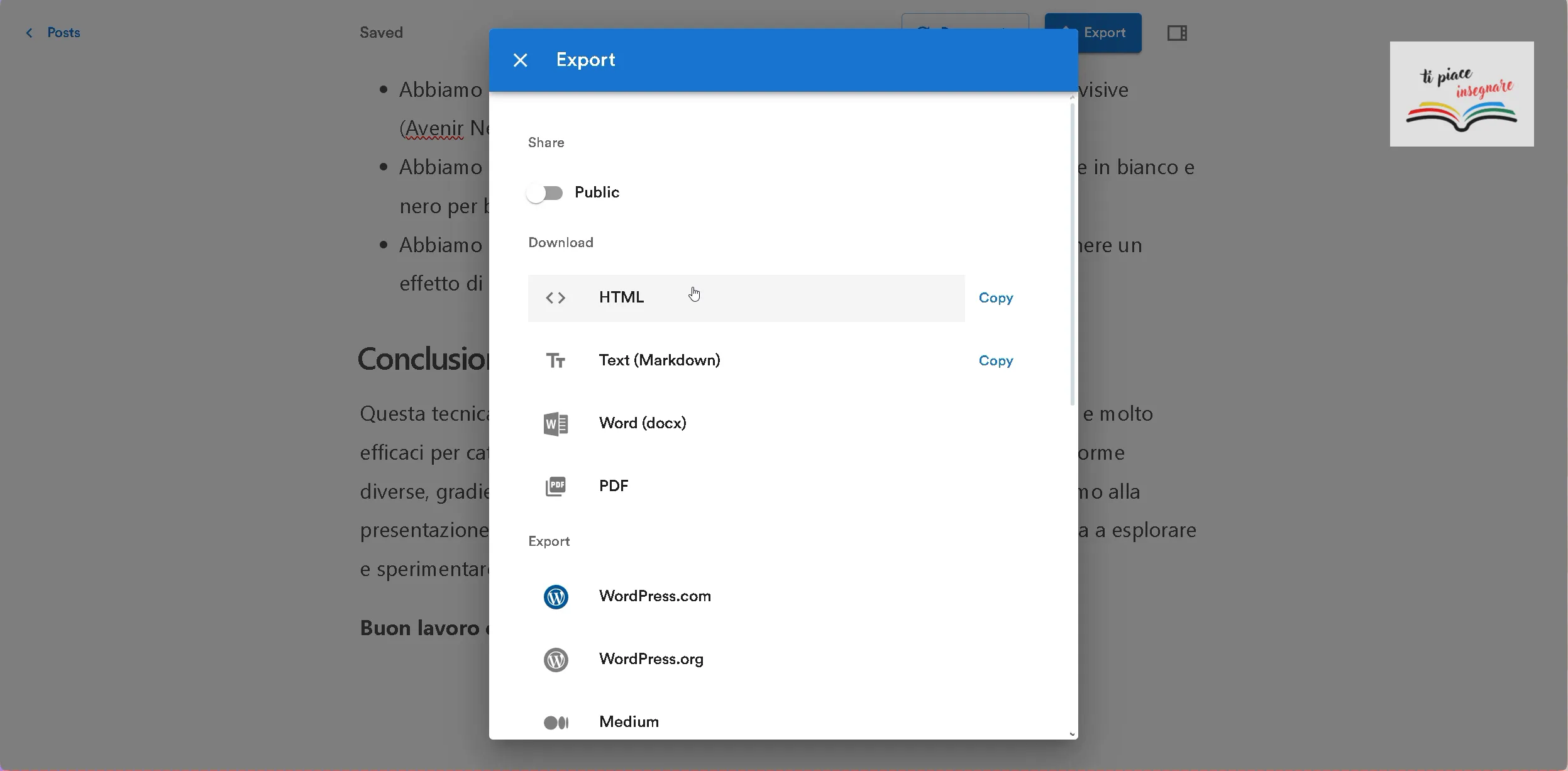 Opzioni di export: PDF, Word, HTML