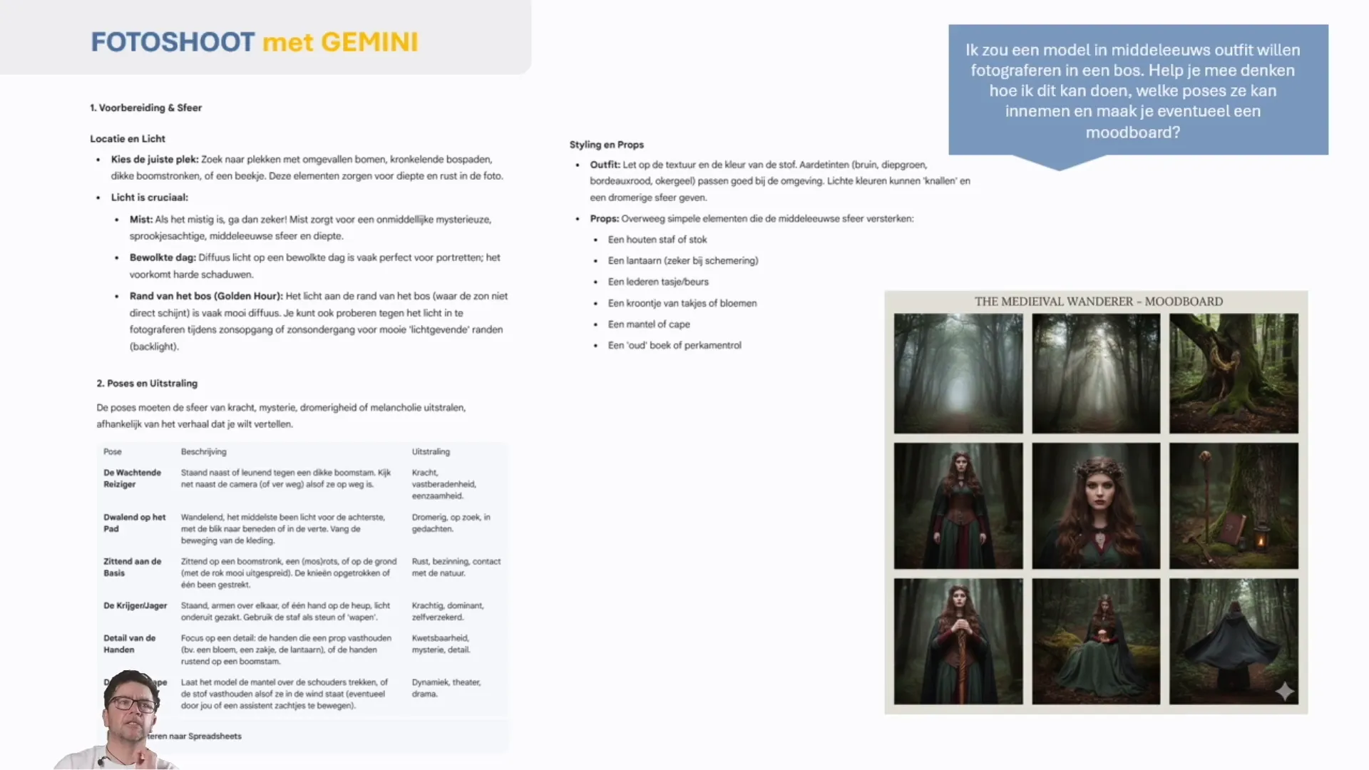 Gemini promptadvies voor een middeleeuwse fotoshoot in een bos met vraag om poses en moodboard