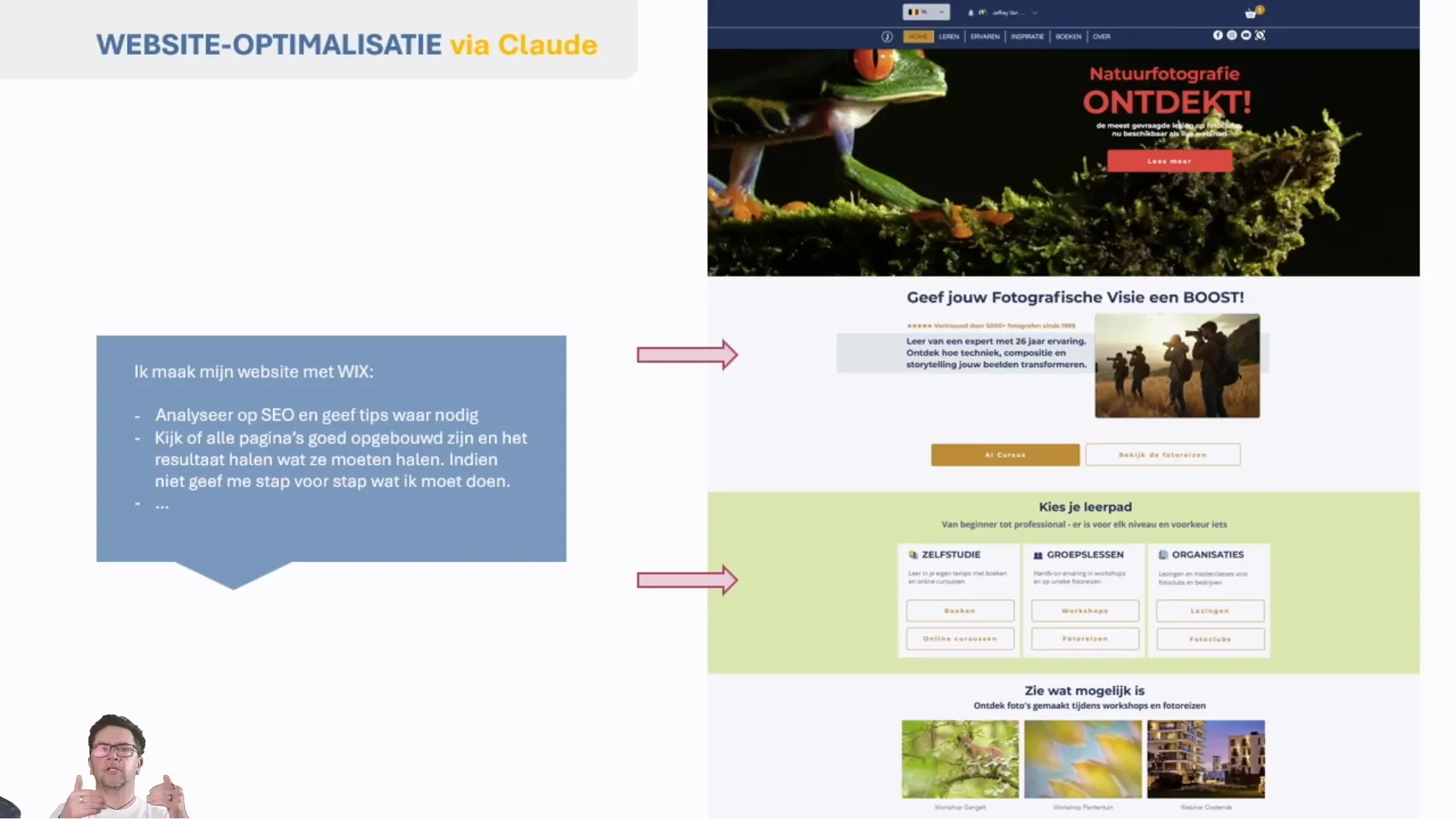 Schermafbeelding van website-optimalisatie via Claude met opdracht voor SEO-analyse op Wix